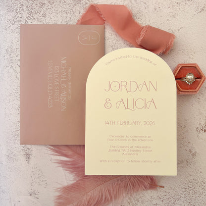 Alicia Champagne and Dusty Pink Arch Invitation