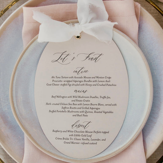 Timeless Oval Ribbon Bow Menu and or placecard