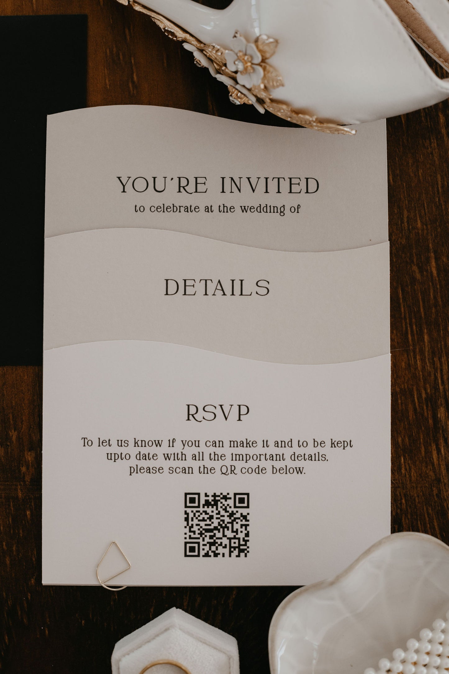 Cherised wave curved wedding invitation set 4