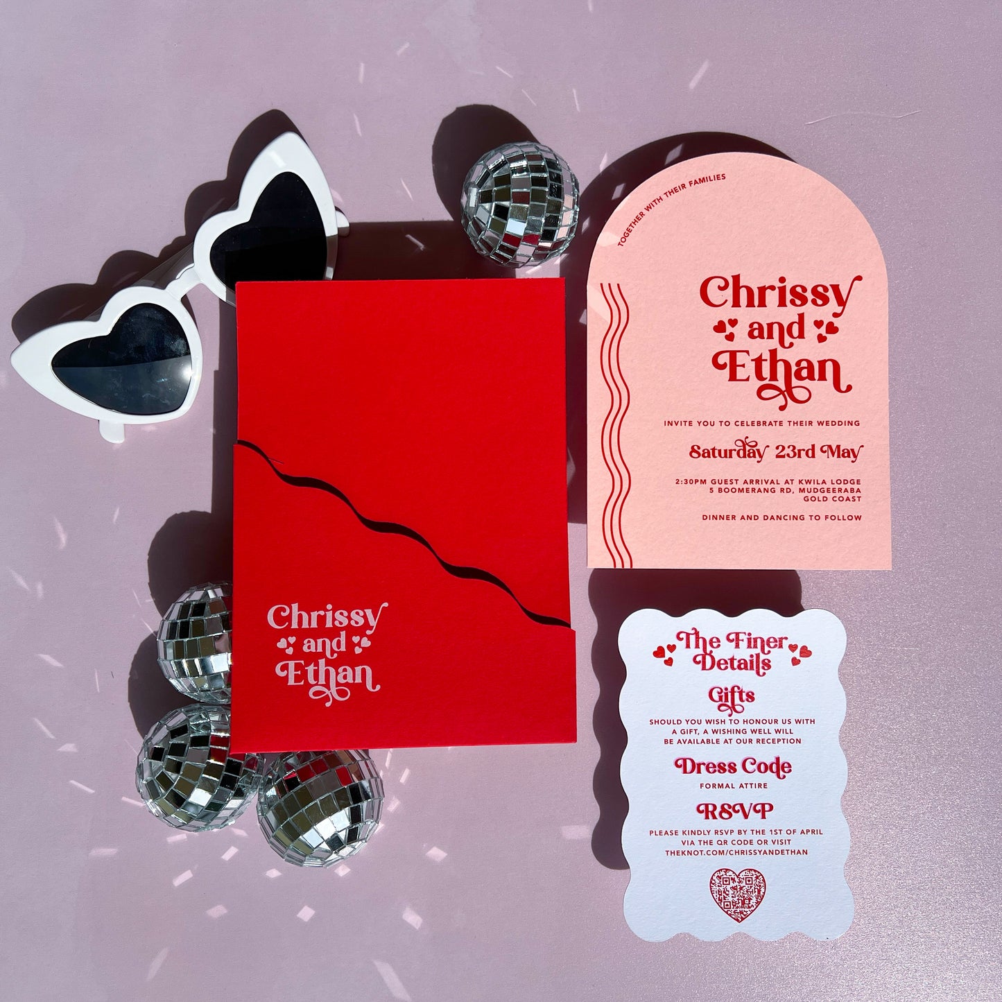 Heartbeats Wavy Pocket Arch Wedidng Invitation Suite