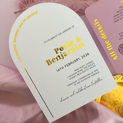 Posie Gold Foil arch shaped wedding or event invitation with dusty pink details card