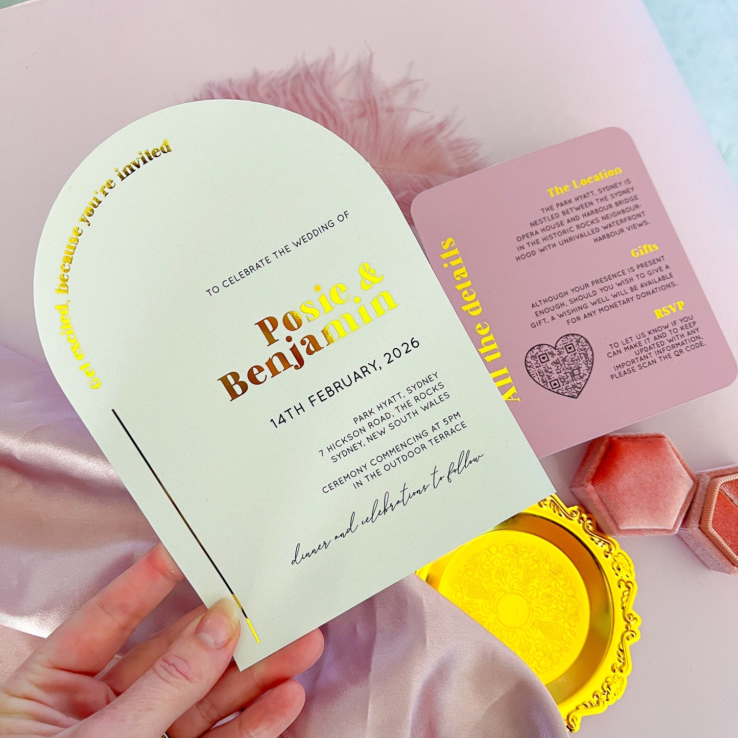 Posie Gold Foil arch shaped wedding or event invitation with dusty pink details card