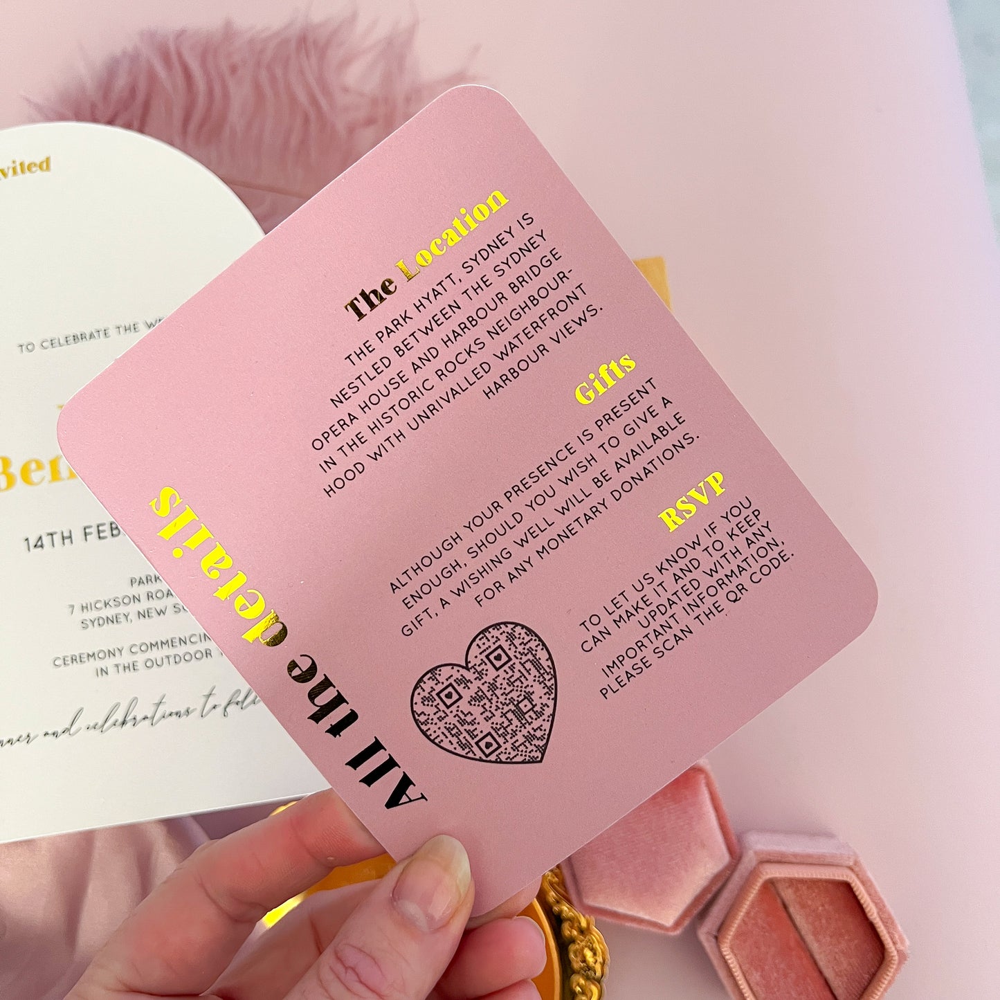 Posie Gold Foil arch shaped wedding or event invitation with dusty pink details card