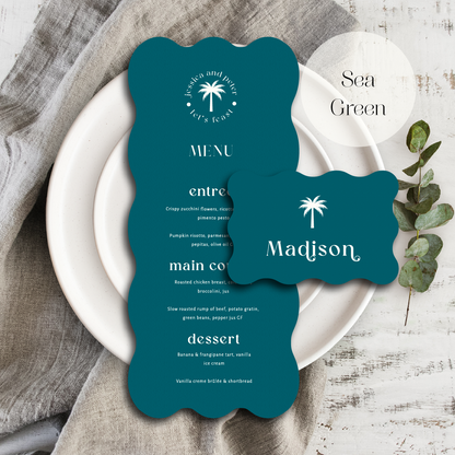 Palm tree wedding menu and place card sea green