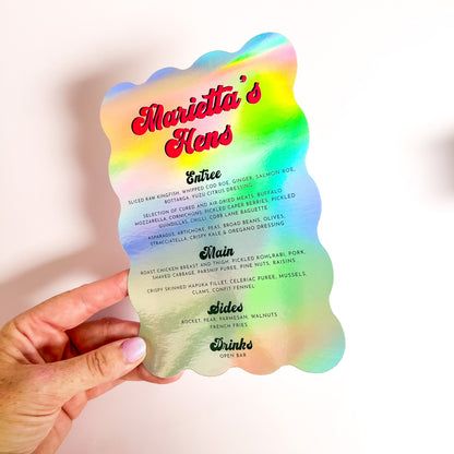 Holgographic wave menus printed wedding menu