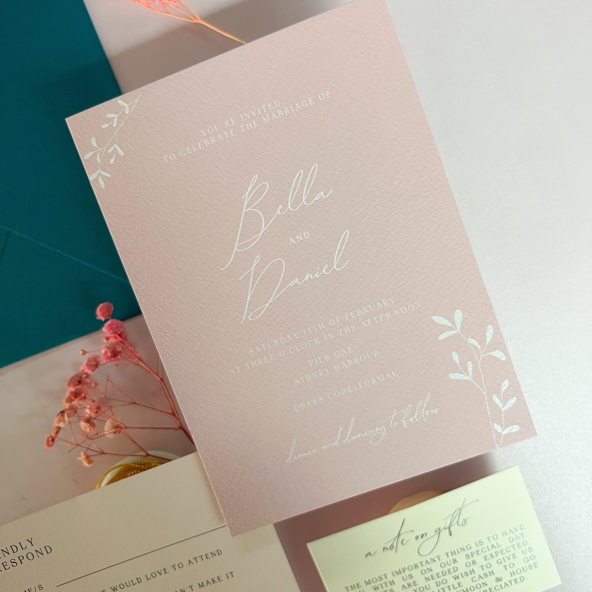 White Ink Printed Wedding Invitations Dusty Dusky Blush Pink