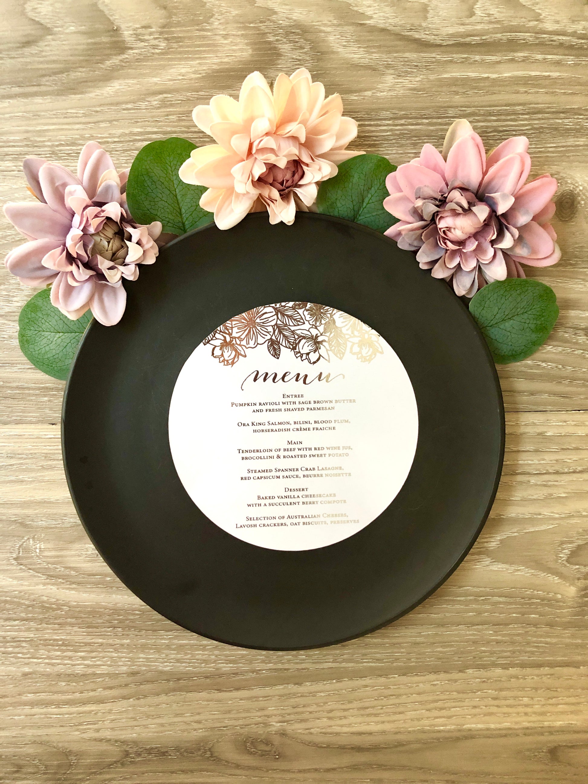 Gold,  or Silver Foil Round Flower Menu - Glitzy Prints