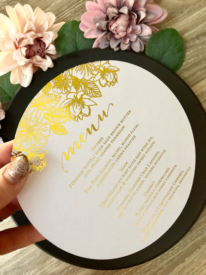 Gold,  or Silver Foil Round Flower Menu - Glitzy Prints